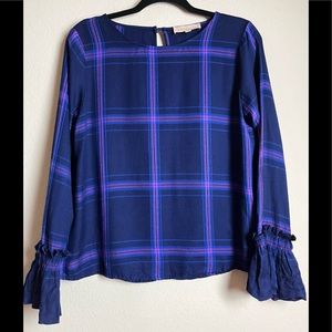 PHILOSOPHY NAVY BLUE AND PURPLE PLAID RUFFLED SLEEVE BLOUSE SIZE XS PREOWNED